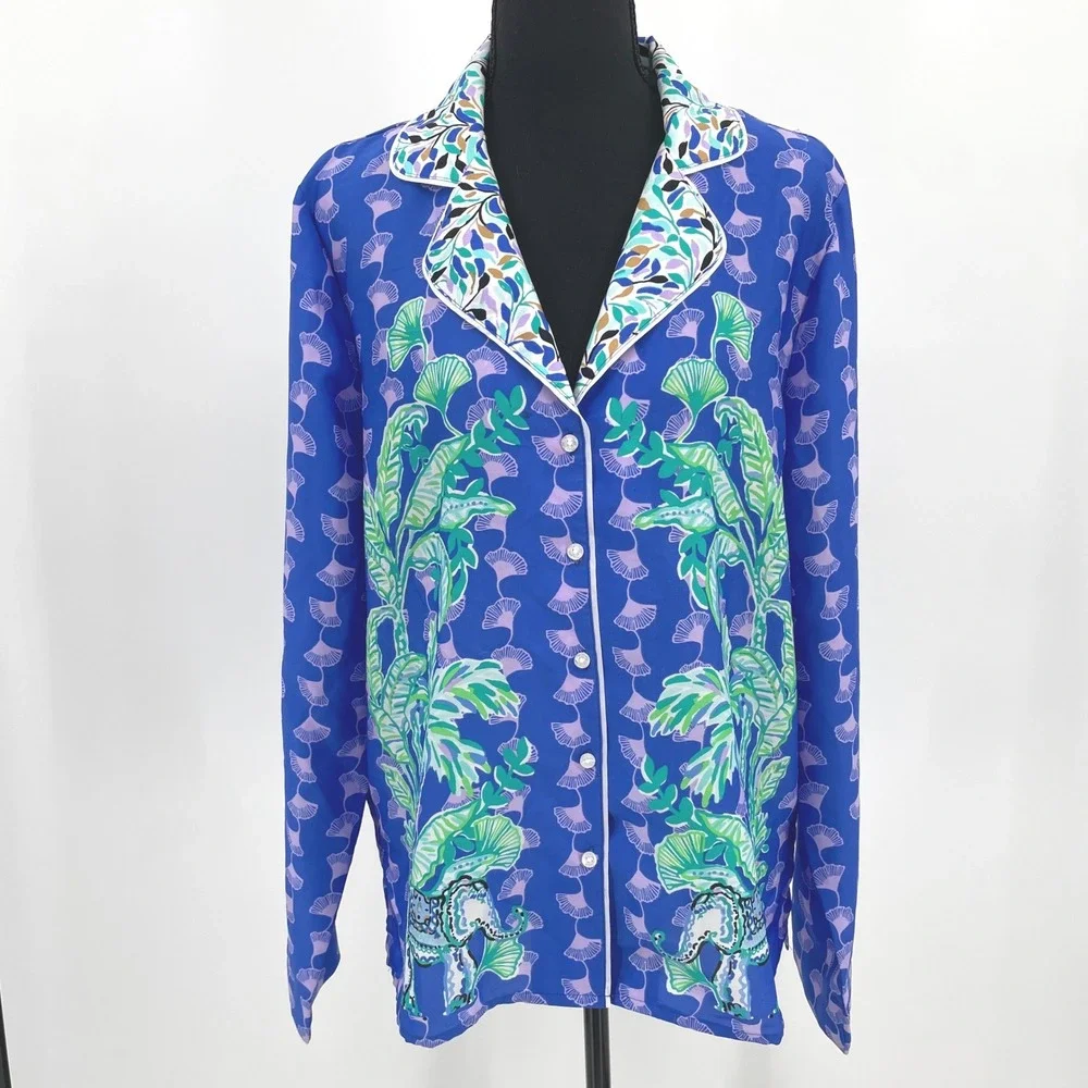 Lilly Pulitzer Winona PJ Top M Ginkgo Party Blue Purple Silky Satin Pajama Shirt